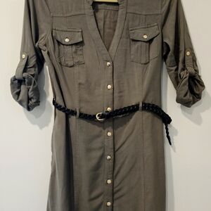 Guess Olive Green Button-Up Shirt Dress